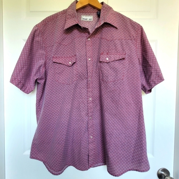 Wrangler Wrancher Red Pattern Pearl Snap Button Down Collared Short Sleeve XL - Picture 1 of 15